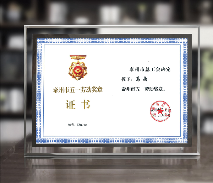 bet9九州体育登录董事长高南先生荣获泰州市“五一”劳动奖章